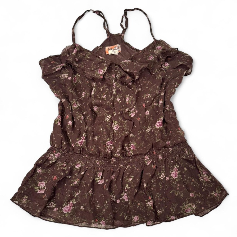 Y2K Brown Mudd Floral Ruffle Babydoll Tank Top Large